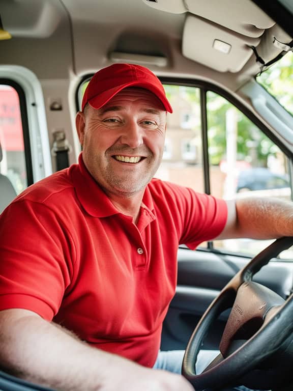 woolwich.co.uk - man in the driver seat wearing red polo shirt and cap smiling