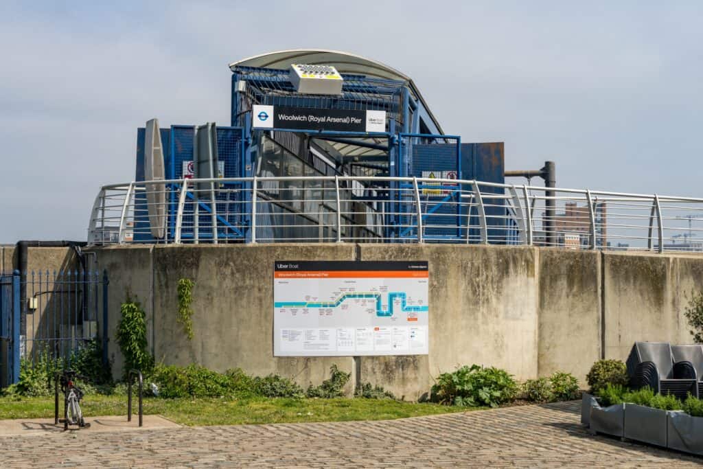 The entrance of Royal Arsenal Pier in the concept of considerations for moving to Woolwich