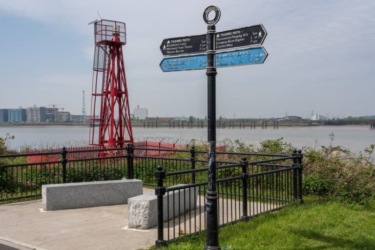 A cycle path in Thames near Woolwich in the concept of services and amenities in Woolwich for new residents.