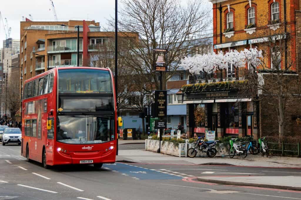 An empty double-decker bus on the road