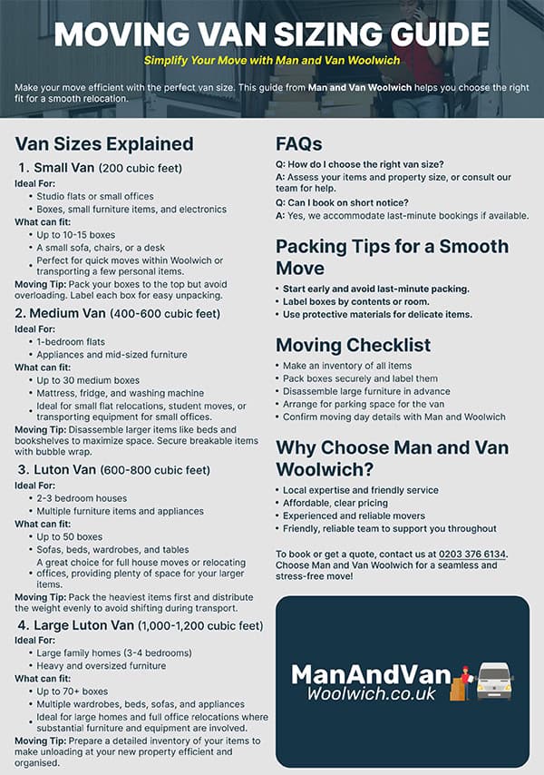 Woolwich Van Sizing Guide